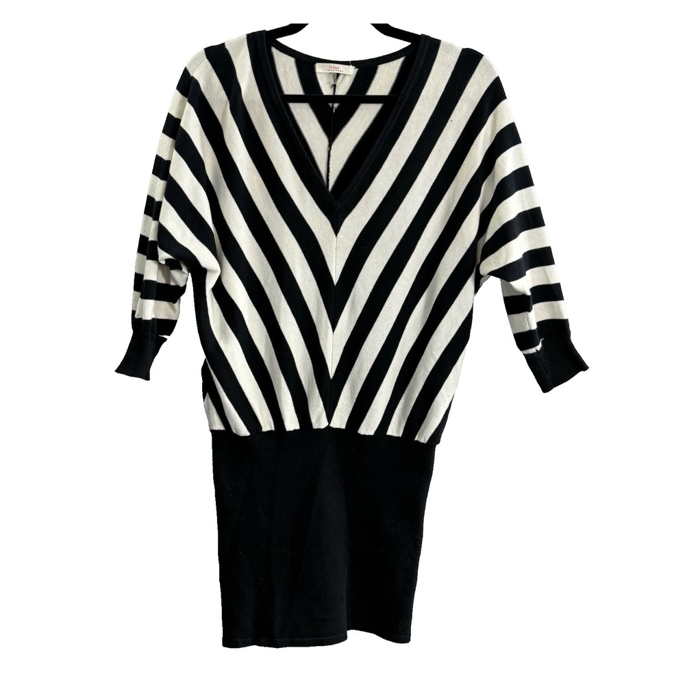 TRINA TURK Women Heidi V Neck Striped Sweater Dress Sz M Black Ivory 80-37